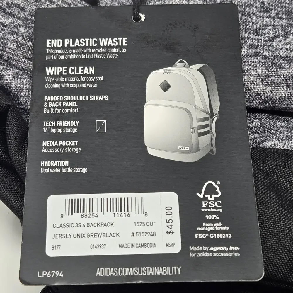 Adidas Backpack Color Gray/Black Shoulder Strap Utility Pockets New